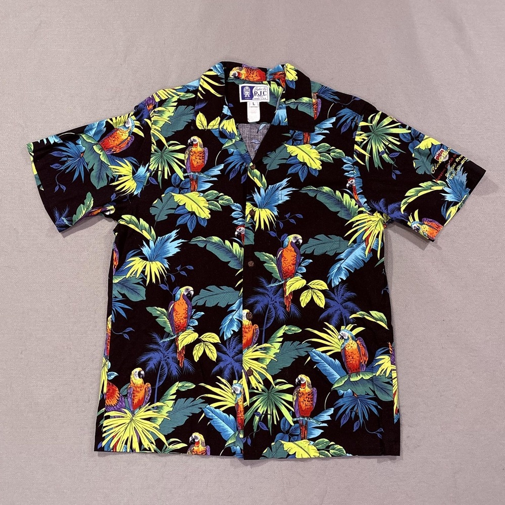 Vintage RJC Shirt Mens Large Black Hawaiian Parrot Short Sleeve Button Up Aloha